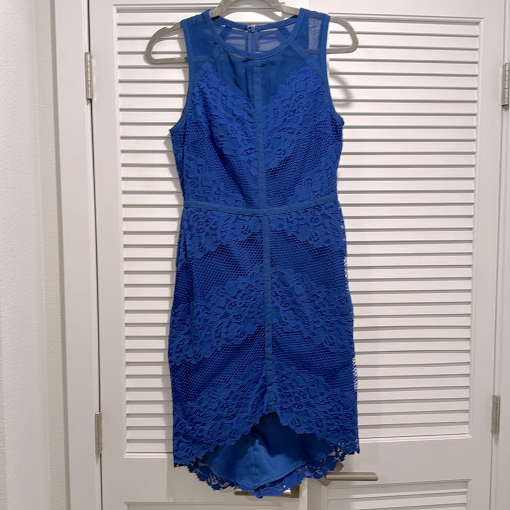 Adelyn Rae Blue Lace High Low Midi Dress